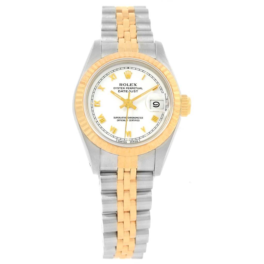 This image shows a front view of a Rolex Datejust 69173 Women's Stainless Steel White Dial 69173 Women's Stainless Steel White Dial watch, featuring its face, bezel, and stainless steel and gold bracelet.