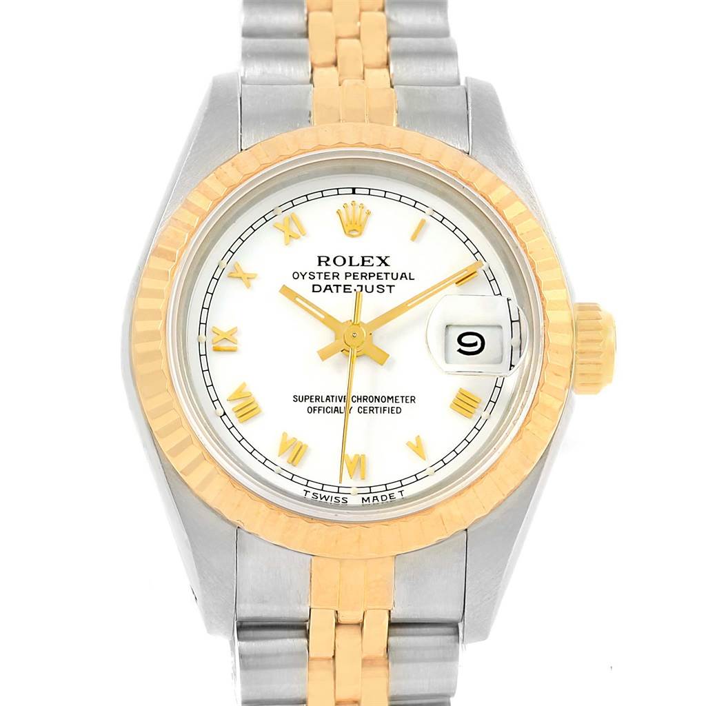 This image shows a front view of a Rolex Datejust 69173 Women's Stainless Steel White Dial 69173 Women's Stainless Steel White Dial watch, displaying the dial, bezel, and part of the bracelet.