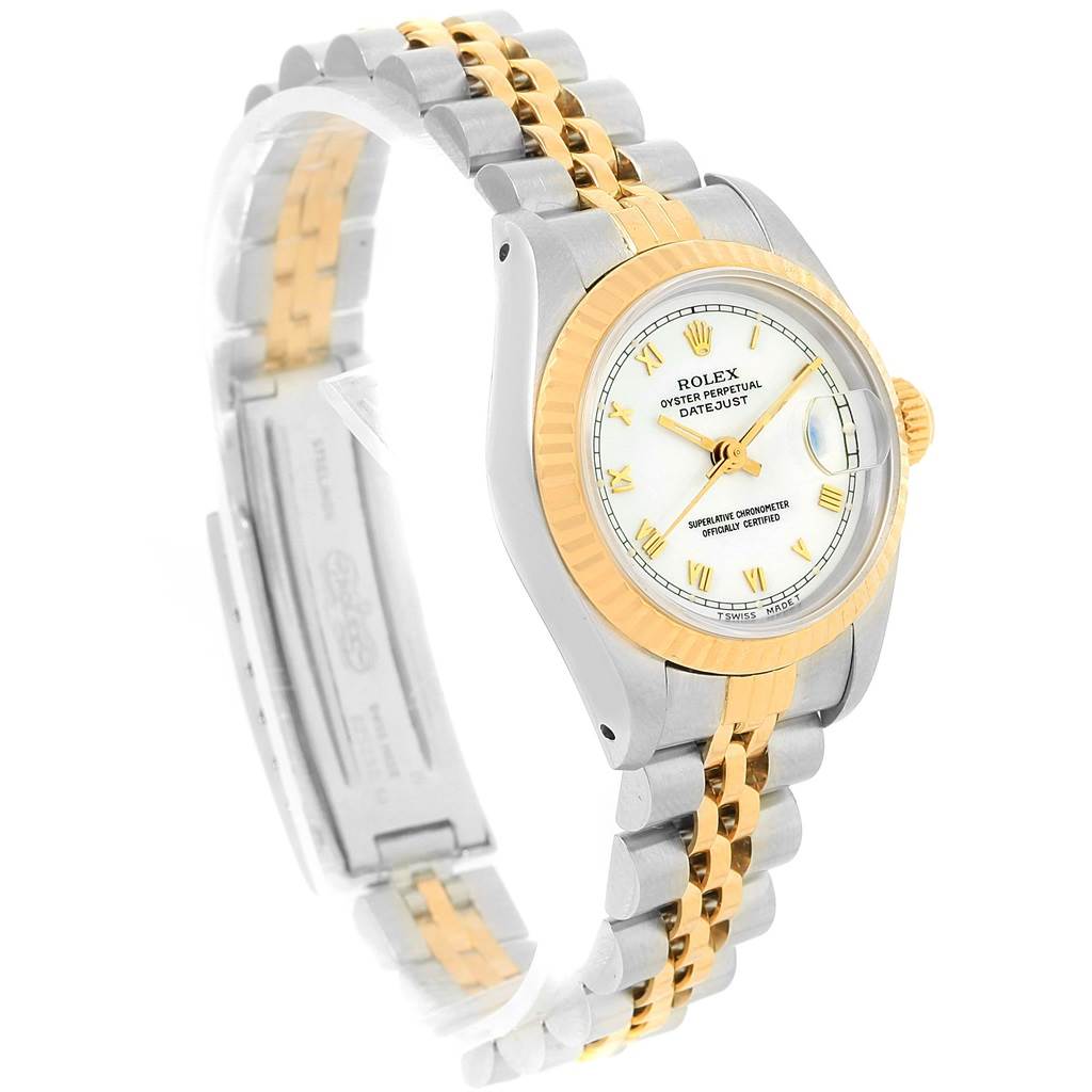 The image shows a Rolex Datejust 69173 Women's Stainless Steel White Dial 69173 Women's Stainless Steel White Dial watch at an angle highlighting its face, bezel, and two-tone bracelet band.