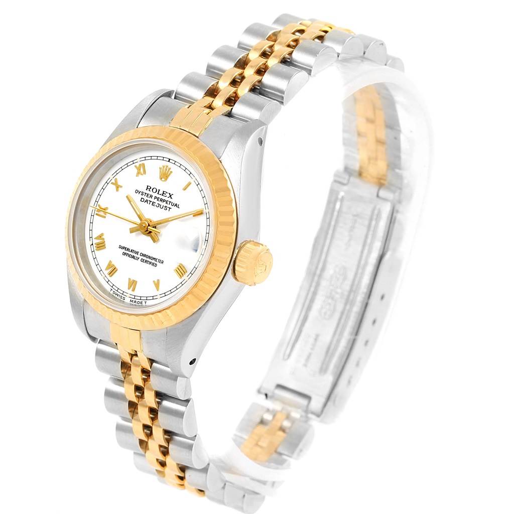The image shows a Rolex Datejust 69173 Women's Stainless Steel White Dial 69173 Women's Stainless Steel White Dial watch at a slight angle, highlighting its bracelet, dial, bezel, and crown.