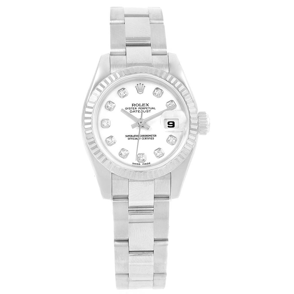 The image shows a front view of the Rolex Datejust 179174 Women's Stainless Steel White Dial 179174 Women's Stainless Steel White Dial watch, highlighting its dial, bezel, and bracelet.