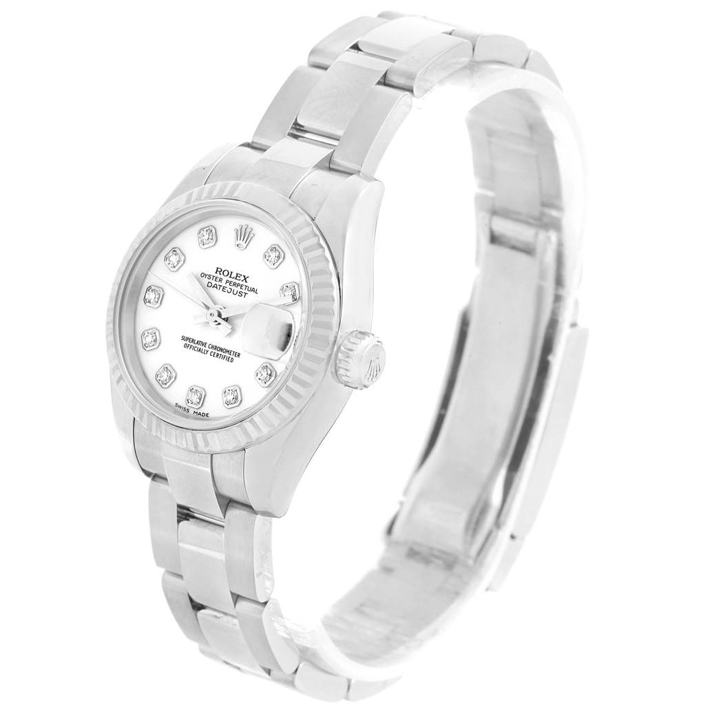This image shows a Rolex Datejust 179174 Women's Stainless Steel White Dial 179174 Women's Stainless Steel White Dial watch at an angled side view, highlighting its face, bezel, crown, and bracelet.