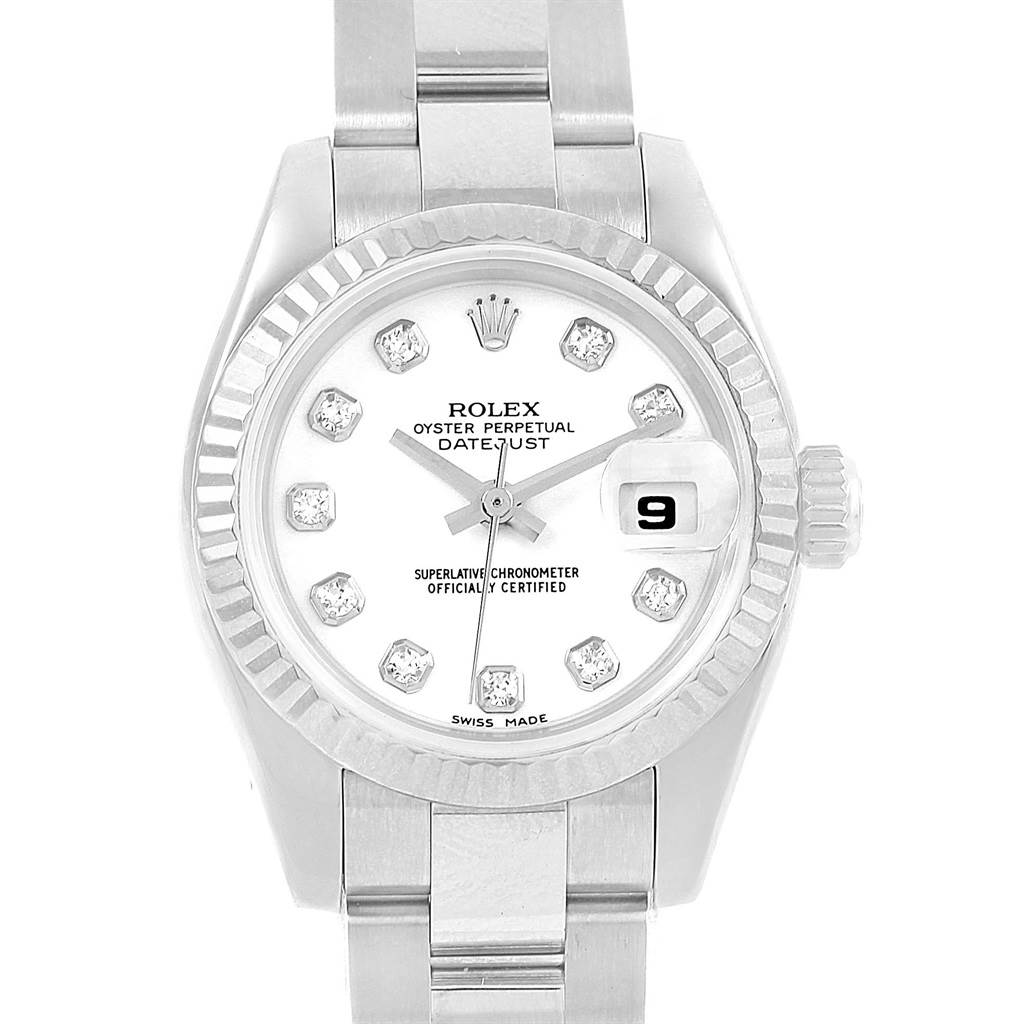 The image shows a front view of the Rolex Datejust 179174 Women's Stainless Steel White Dial 179174 Women's Stainless Steel White Dial watch, showcasing its dial, bezel, and part of its bracelet.