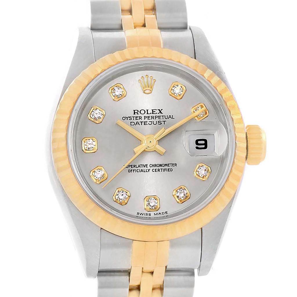 This image shows a frontal view of a Rolex Datejust 79173 Women's Stainless Steel Silver Dial 79173 Women's Stainless Steel Silver Dial watch featuring its dial, hands, date window, and bracelet.