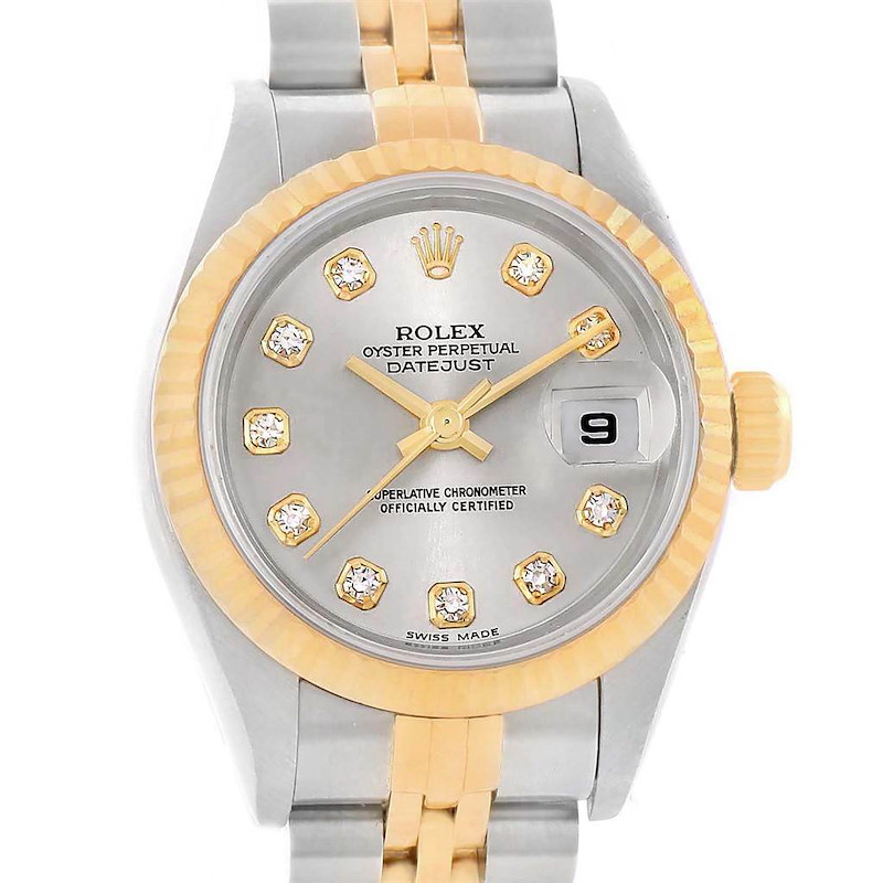 This image shows a frontal view of a Rolex Datejust watch featuring its dial, hands, date window, and bracelet.