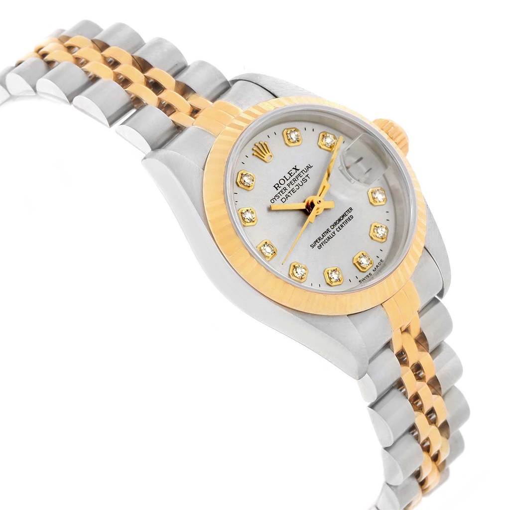 The Rolex Datejust 79173 Women's Stainless Steel Silver Dial 79173 Women's Stainless Steel Silver Dial watch is shown at a slight angle, highlighting the face, bezel, and two-tone bracelet.