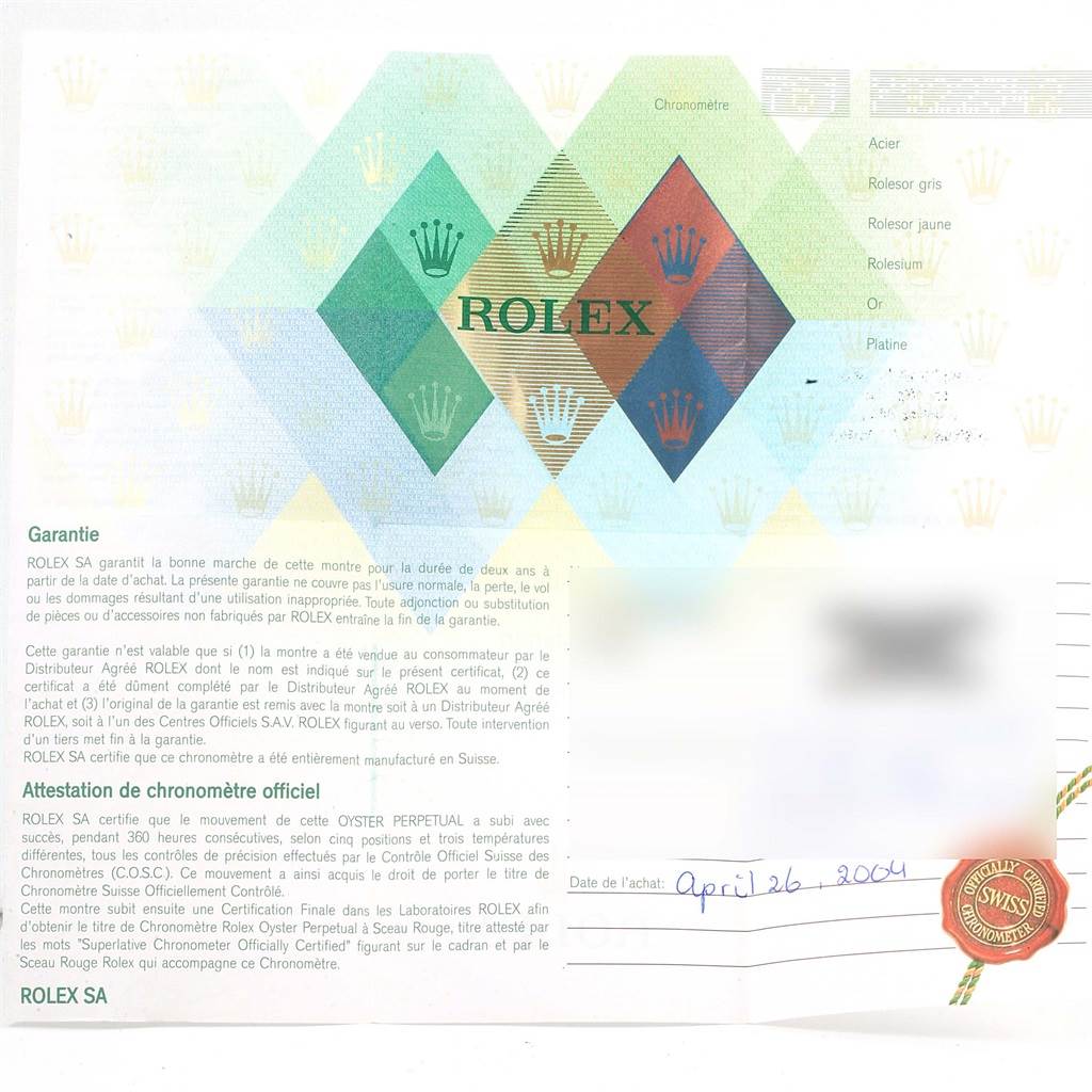 The image displays the warranty card for a Rolex Datejust 79173 Women's Stainless Steel Silver Dial 79173 Women's Stainless Steel Silver Dial watch, detailing its purchase date and warranty terms.