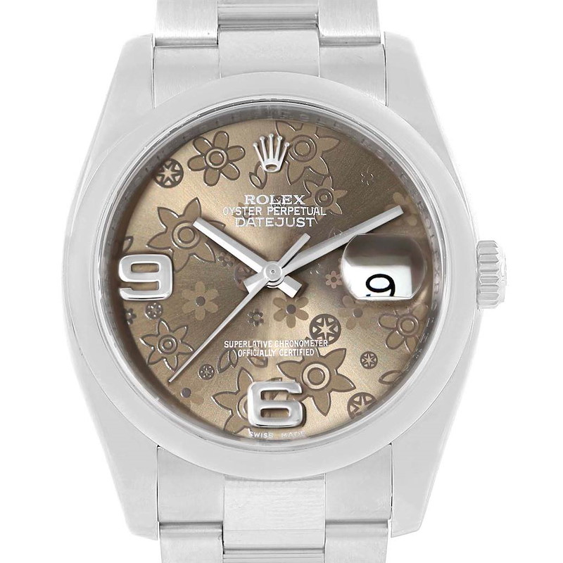 Rolex Datejust 36 Bronze Floral Dial Oyster Bracelet Steel Watch 116200 SwissWatchExpo