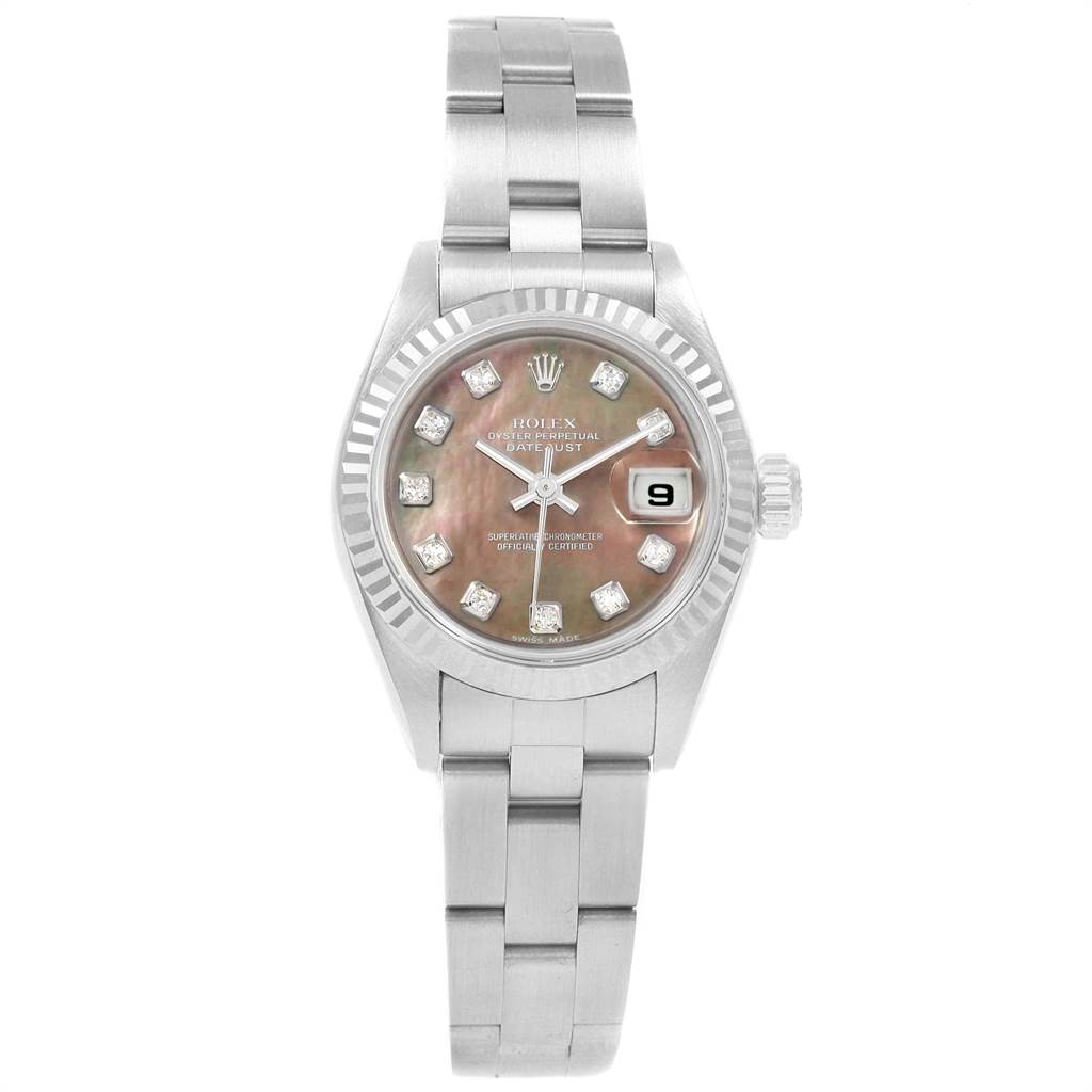 The image shows a front view of a Rolex Datejust 79174 Women's Stainless Steel Mother of Pearl Dial 79174 Women's Stainless Steel Mother of Pearl Dial watch displaying its face, bezel, bracelet, and crown.