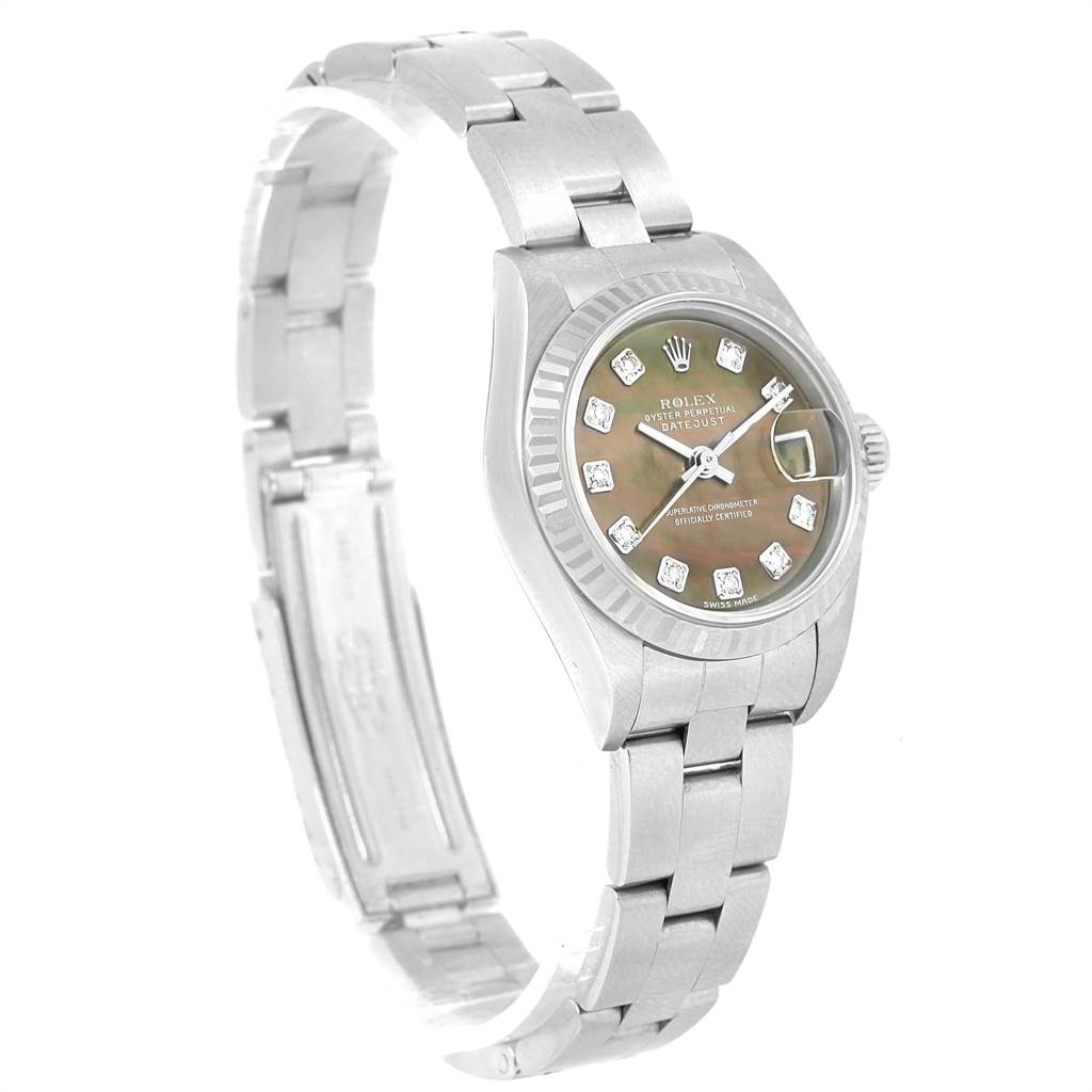 The Rolex Datejust 79174 Women's Stainless Steel Mother of Pearl Dial 79174 Women's Stainless Steel Mother of Pearl Dial watch is shown at a slight angle, highlighting its dial, bezel, and partially open bracelet.