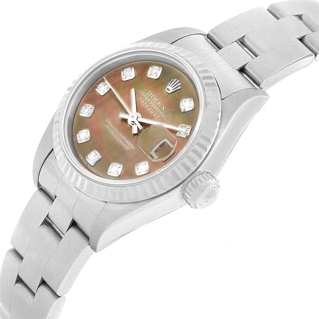 The image shows a Rolex Datejust 79174 Women's Stainless Steel Mother of Pearl Dial 79174 Women's Stainless Steel Mother of Pearl Dial watch at an angle highlighting the dial, bezel, crown, and bracelet.