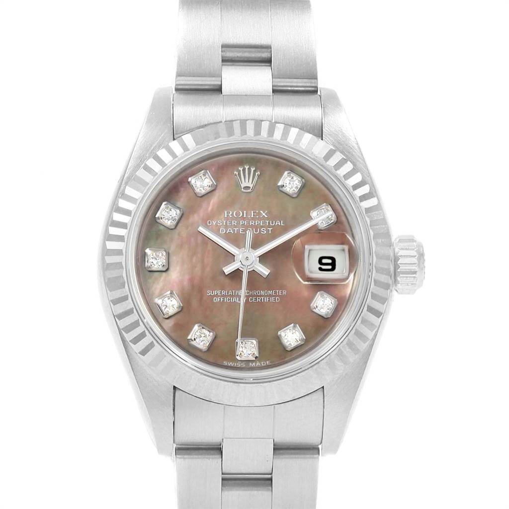 This is a close-up of a Rolex Datejust 79174 Women's Stainless Steel Mother of Pearl Dial 79174 Women's Stainless Steel Mother of Pearl Dial watch showing the dial, date window, and part of the bracelet.