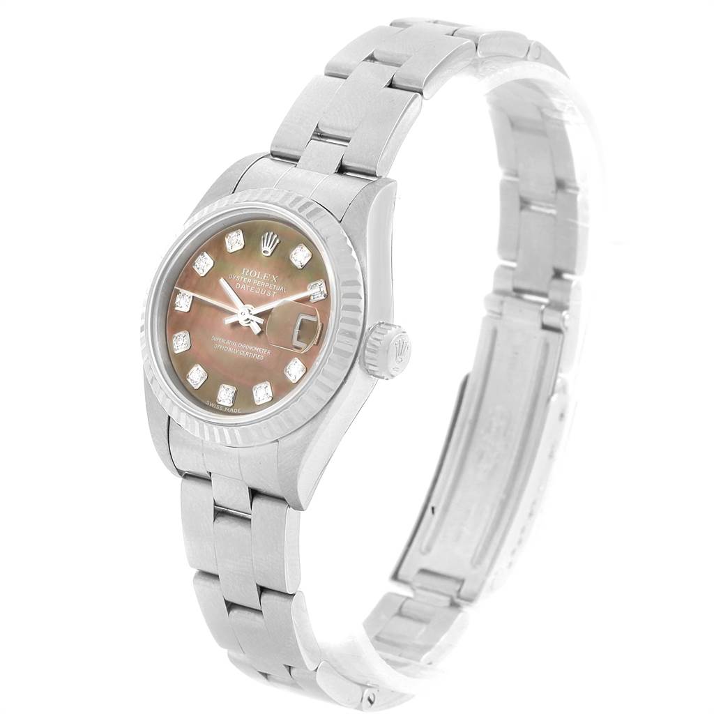 The image shows a Rolex Datejust 79174 Women's Stainless Steel Mother of Pearl Dial 79174 Women's Stainless Steel Mother of Pearl Dial model watch at a slight angled view, highlighting its face, bezel, crown, and bracelet.