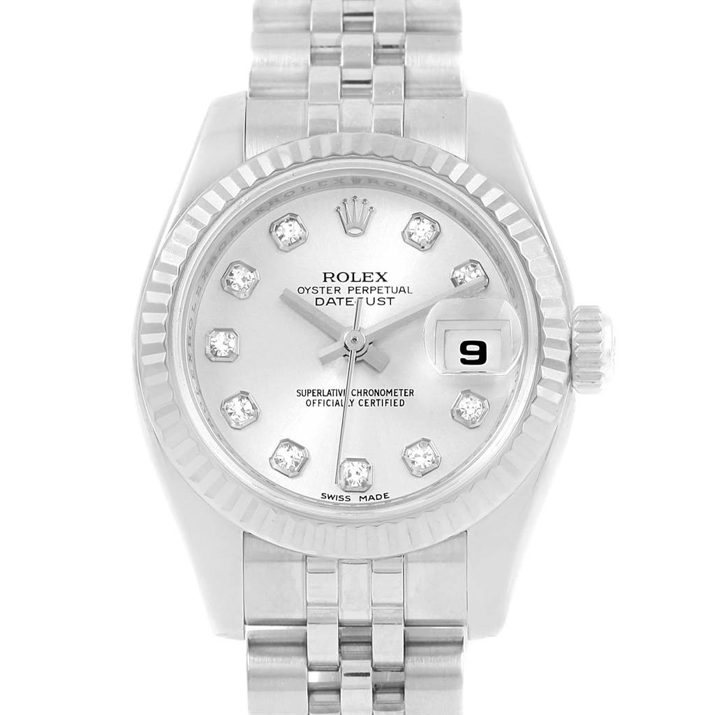 The Rolex Datejust 179174 Women's Stainless Steel Silver Dial 179174 Women's Stainless Steel Silver Dial watch is shown from a top-down view, highlighting the face, bezel, and part of the bracelet.