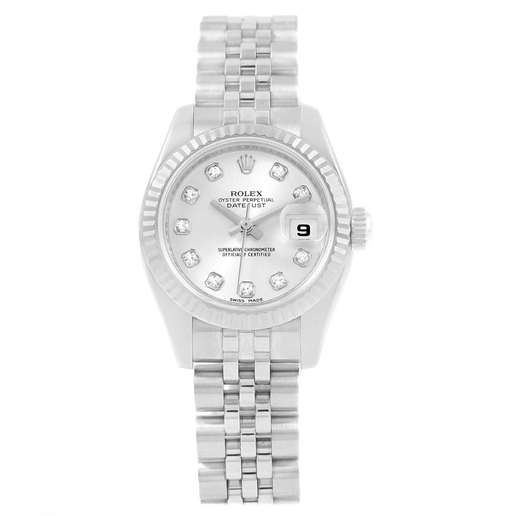 The Rolex Datejust 179174 Women's Stainless Steel Silver Dial 179174 Women's Stainless Steel Silver Dial watch is shown from the front, displaying the dial, bracelet, and fluted bezel.