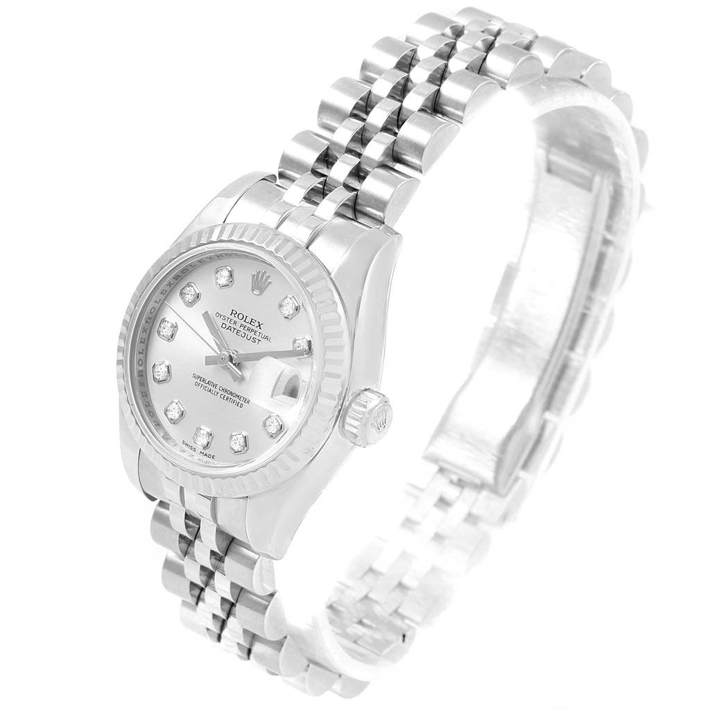 The image shows a Rolex Datejust 179174 Women's Stainless Steel Silver Dial 179174 Women's Stainless Steel Silver Dial model watch from an angled perspective, highlighting the dial, bezel, and bracelet.