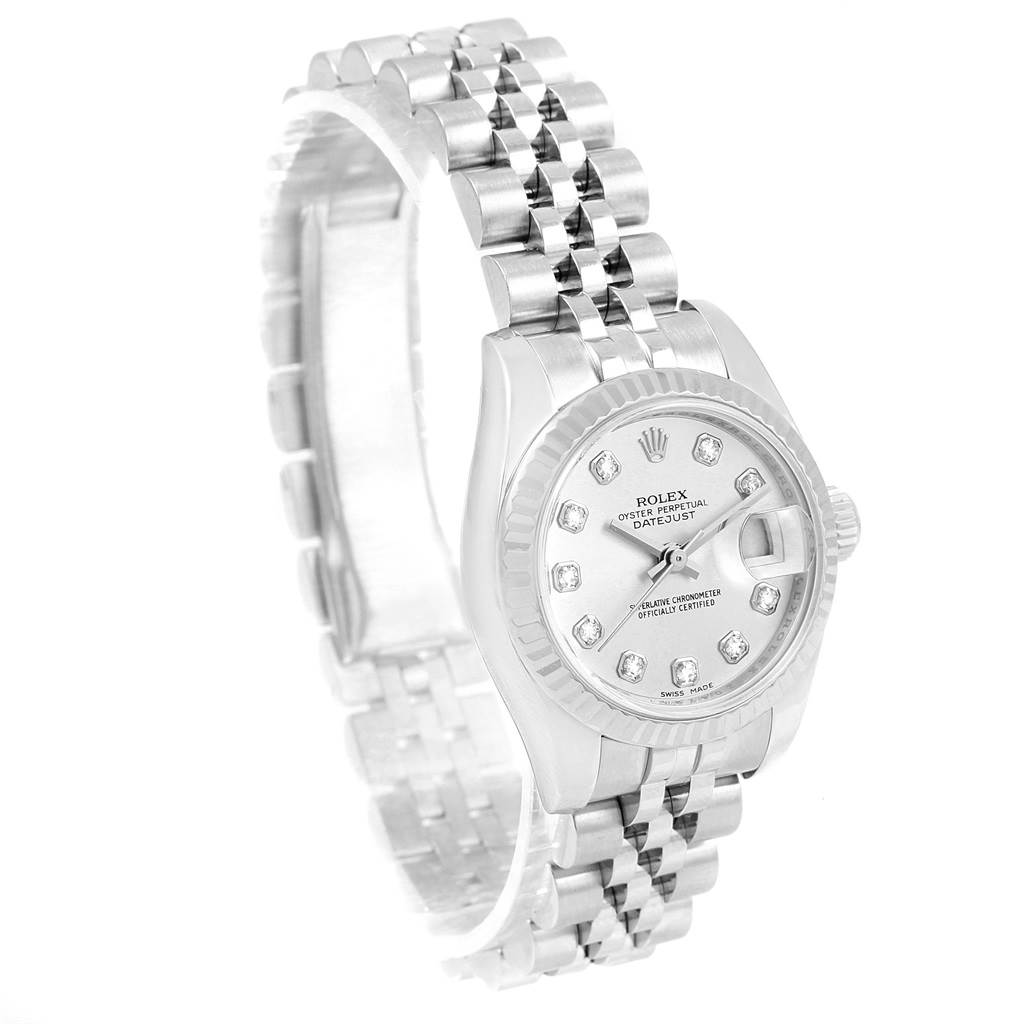 The Rolex Datejust 179174 Women's Stainless Steel Silver Dial 179174 Women's Stainless Steel Silver Dial watch is shown at an angle highlighting the dial, bezel, and bracelet.