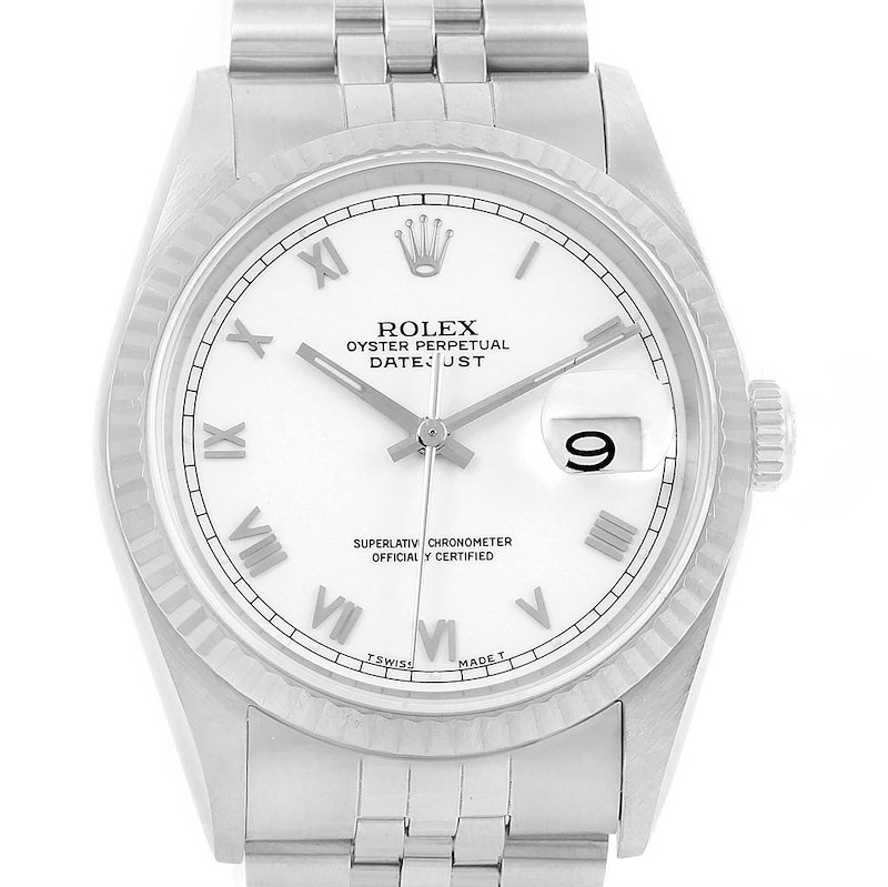 Rolex Datejust Steel White Gold White Dial Fluted Bezel Mens Watch 16234 SwissWatchExpo