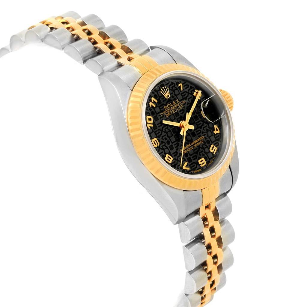 The Rolex Datejust 79173 Women's Stainless Steel Black Dial 79173 Women's Stainless Steel Black Dial watch is shown at a side angle emphasizing the two-tone bracelet, bezel, and black patterned dial.