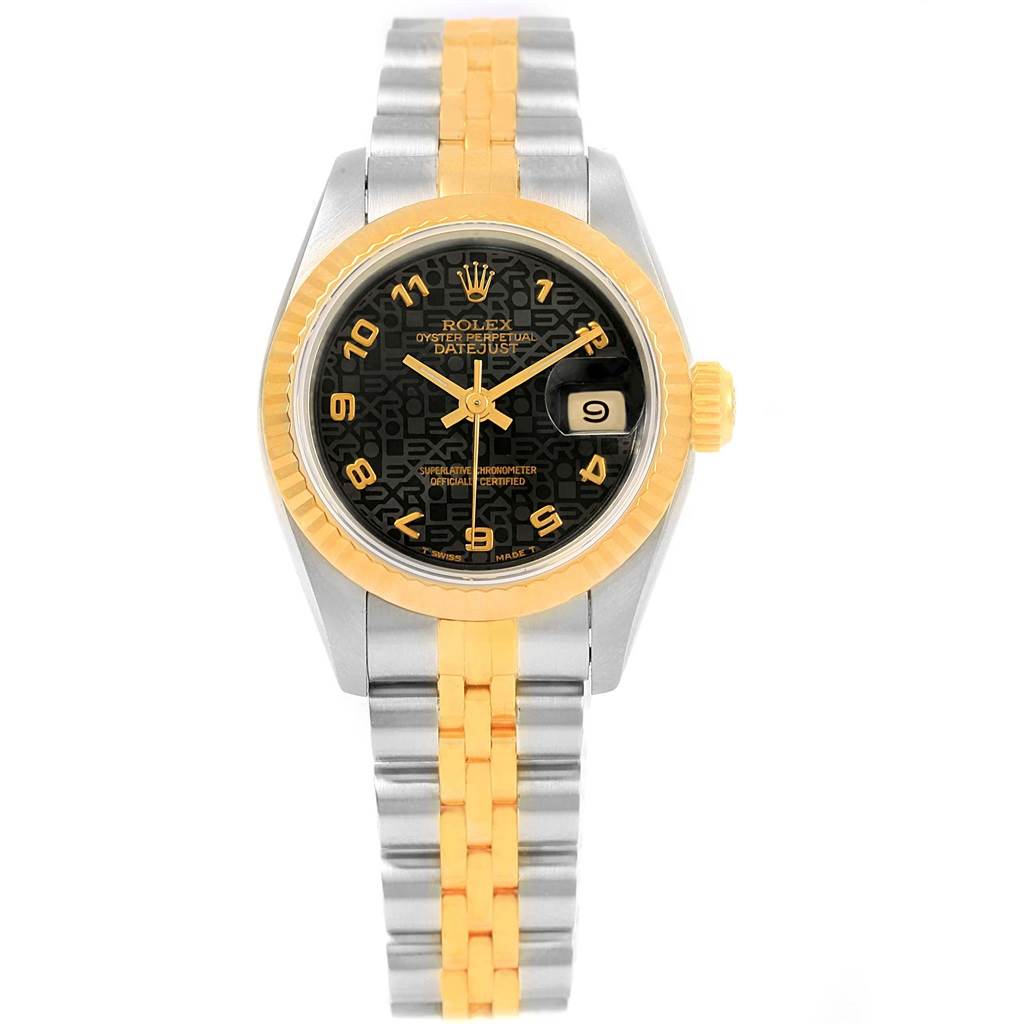 The Rolex Datejust 79173 Women's Stainless Steel Black Dial 79173 Women's Stainless Steel Black Dial watch is shown from a front angle, highlighting its black dial, gold bezel, and bi-color metal bracelet.