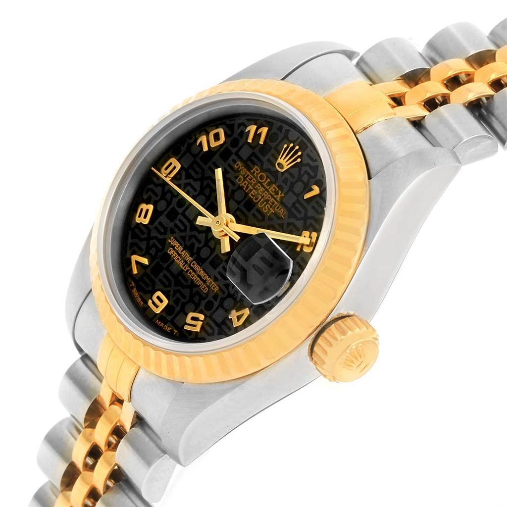 This image shows a side angle of the Rolex Datejust 79173 Women's Stainless Steel Black Dial 79173 Women's Stainless Steel Black Dial, highlighting the watch face, bezel, crown, and part of the bracelet.