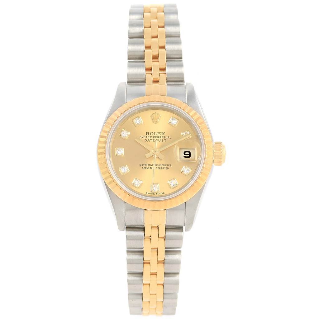 This Rolex Datejust 79173 Women's Stainless Steel Champagne Dial 79173 Women's Stainless Steel Champagne Dial model is shown from a front angle, displaying the dial, bezel, and bracelet.