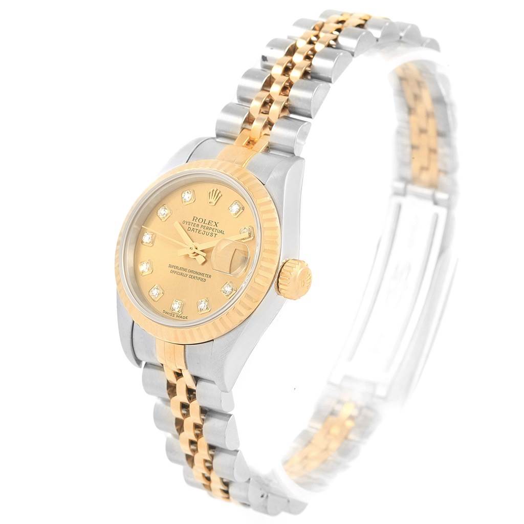 The image shows a Rolex Datejust 79173 Women's Stainless Steel Champagne Dial 79173 Women's Stainless Steel Champagne Dial watch at a three-quarter angle, highlighting its dial, crown, and two-tone bracelet.
