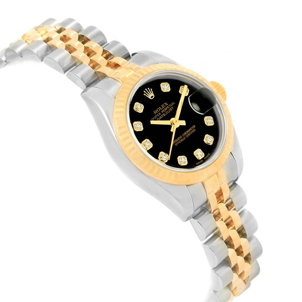 The Rolex Datejust 69173 Women's Stainless Steel Black Dial 69173 Women's Stainless Steel Black Dial watch is shown at an angled view, displaying its two-tone bracelet, black dial, gold indices, and fluted bezel.