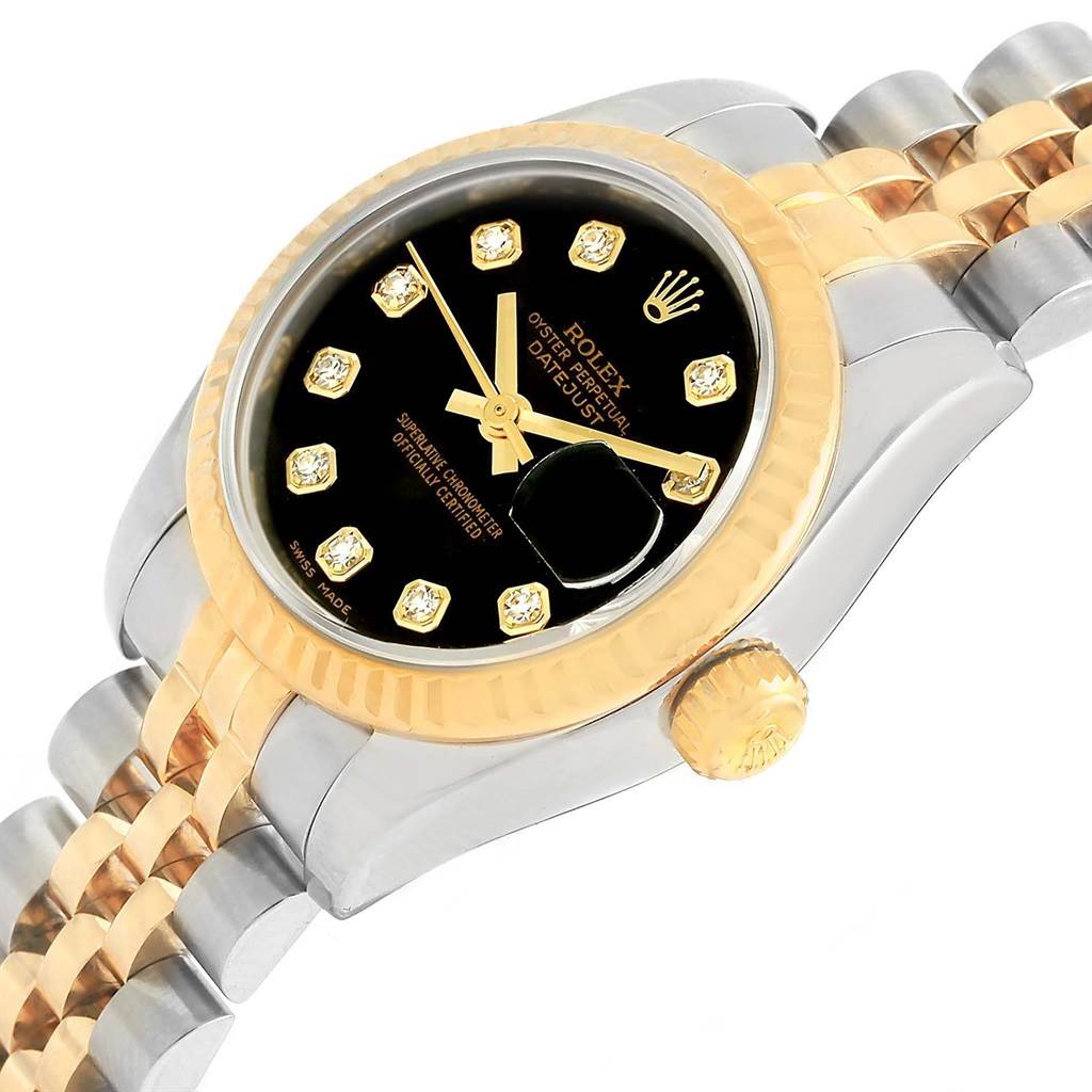 This image shows a Rolex Datejust 69173 Women's Stainless Steel Black Dial 69173 Women's Stainless Steel Black Dial watch at a slight angle, highlighting the dial, bezel, crown, and part of the bracelet.