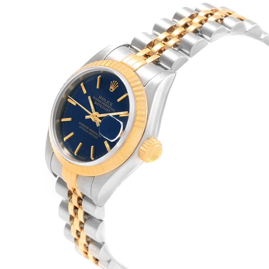 This image shows a close-up angle of a Rolex Datejust 69173 Women's Stainless Steel Blue Dial 69173 Women's Stainless Steel Blue Dial watch, highlighting the dial, bezel, crown, and part of the bracelet.