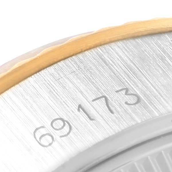 This image shows a close-up of the serial number "69173" on the case of a Rolex Datejust 69173 Women's Stainless Steel Blue Dial 69173 Women's Stainless Steel Blue Dial watch.
