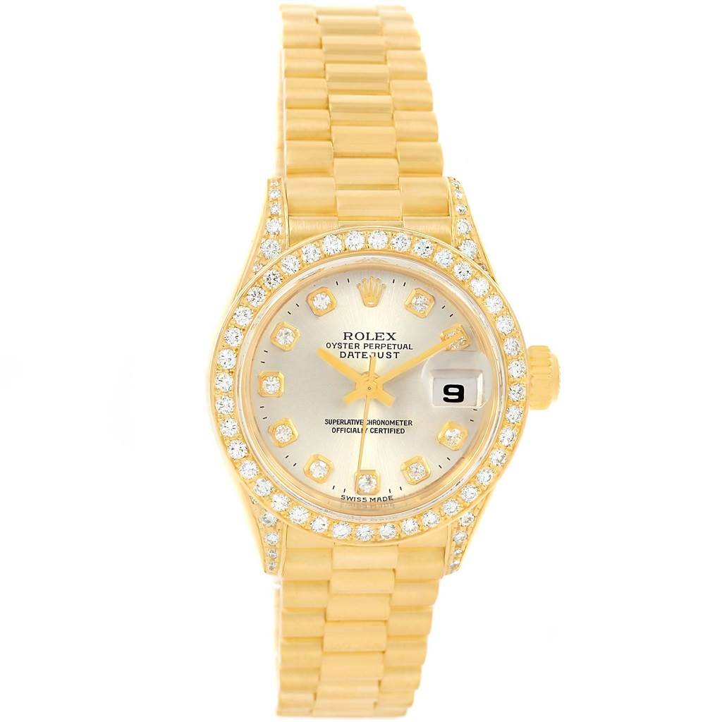 The Rolex Datejust 69238 Women's Yellow Gold Silver Dial 69238 Women's Yellow Gold Silver Dial watch shown is a front view displaying the watch face, bezel, crown, and bracelet links.