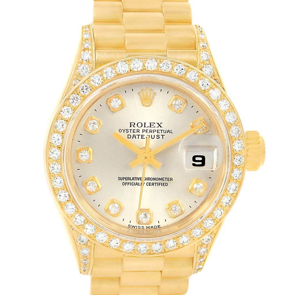 The image shows a Rolex Datejust 69238 Women's Yellow Gold Silver Dial 69238 Women's Yellow Gold Silver Dial watch with a gold bracelet and diamond-studded bezel and dial, viewed from the front.