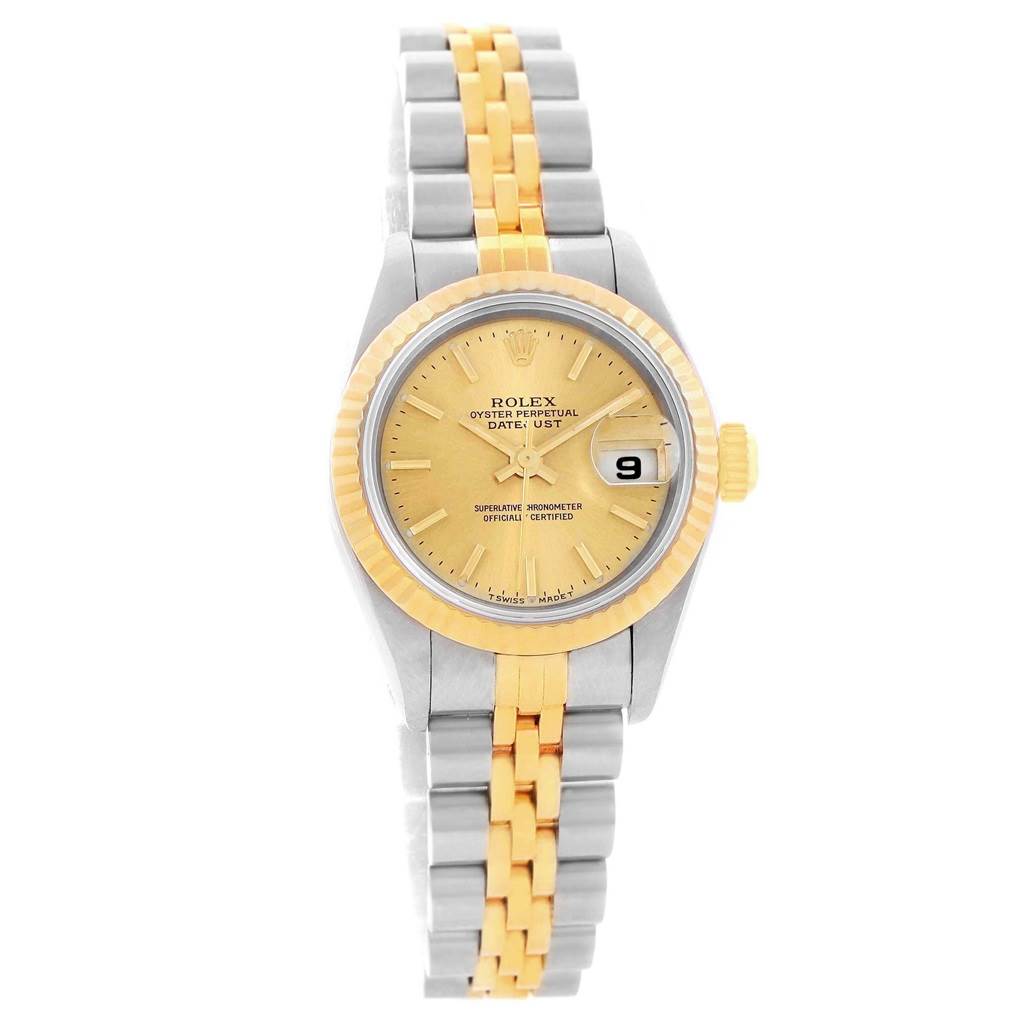 This image shows a front view of a Rolex Datejust 69173 Women's Stainless Steel Champagne Dial 69173 Women's Stainless Steel Champagne Dial watch, highlighting the gold and silver bracelet, dial, and date display.