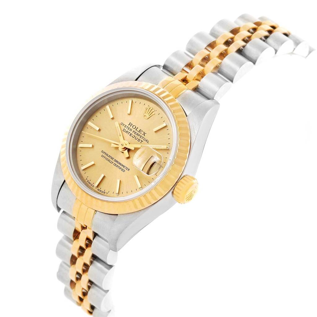 The image shows a Rolex Datejust 69173 Women's Stainless Steel Champagne Dial 69173 Women's Stainless Steel Champagne Dial model at a slight angle, highlighting its dial, fluted bezel, crown, and two-tone bracelet.