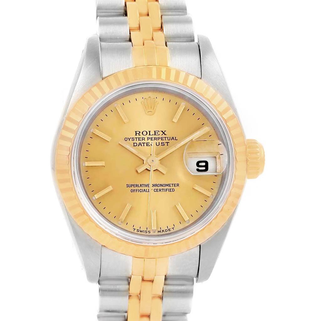 This image shows a frontal view of a Rolex Datejust 69173 Women's Stainless Steel Champagne Dial 69173 Women's Stainless Steel Champagne Dial watch, including the dial, bezel, and part of the bracelet.