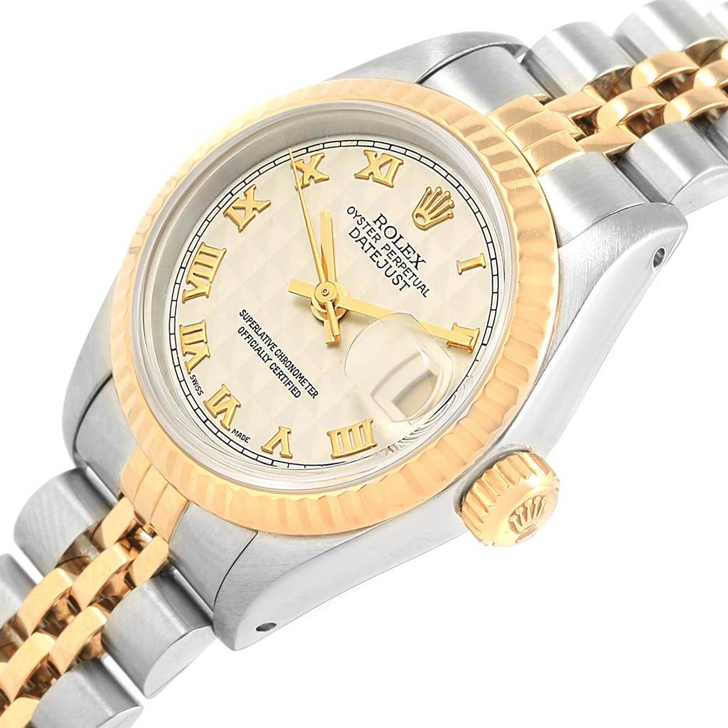 This image shows a close-up angle of the face and part of the bracelet of a Rolex Datejust 69173 Women's Stainless Steel Beige Dial 69173 Women's Stainless Steel Beige Dial watch.