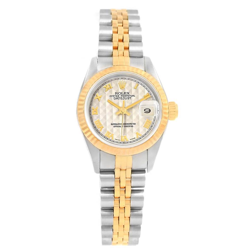 This image shows a front view of a Rolex Datejust 69173 Women's Stainless Steel Beige Dial 69173 Women's Stainless Steel Beige Dial with a two-tone metal band and a date display at the 3 o'clock position.