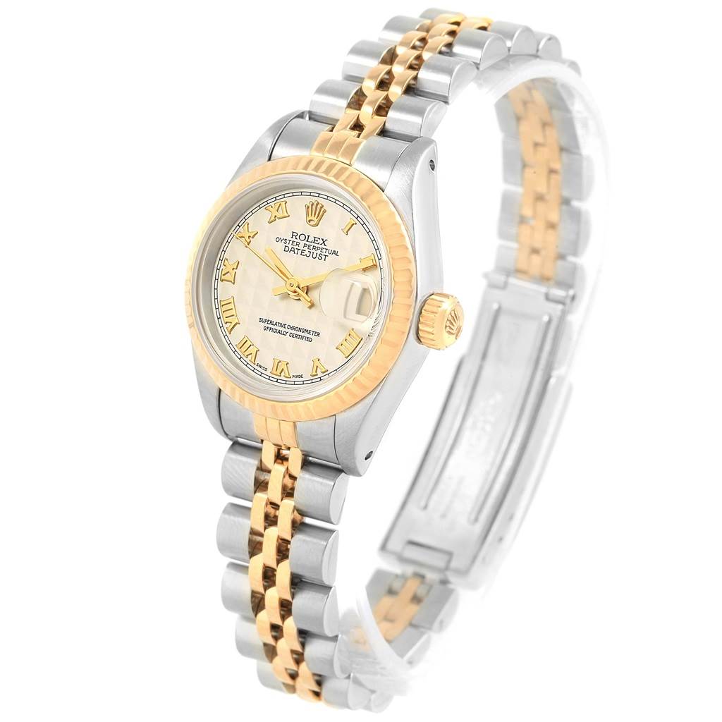 This Rolex Datejust 69173 Women's Stainless Steel Beige Dial 69173 Women's Stainless Steel Beige Dial watch is shown at a slight angle, displaying its face, bezel, crown, and two-tone bracelet.