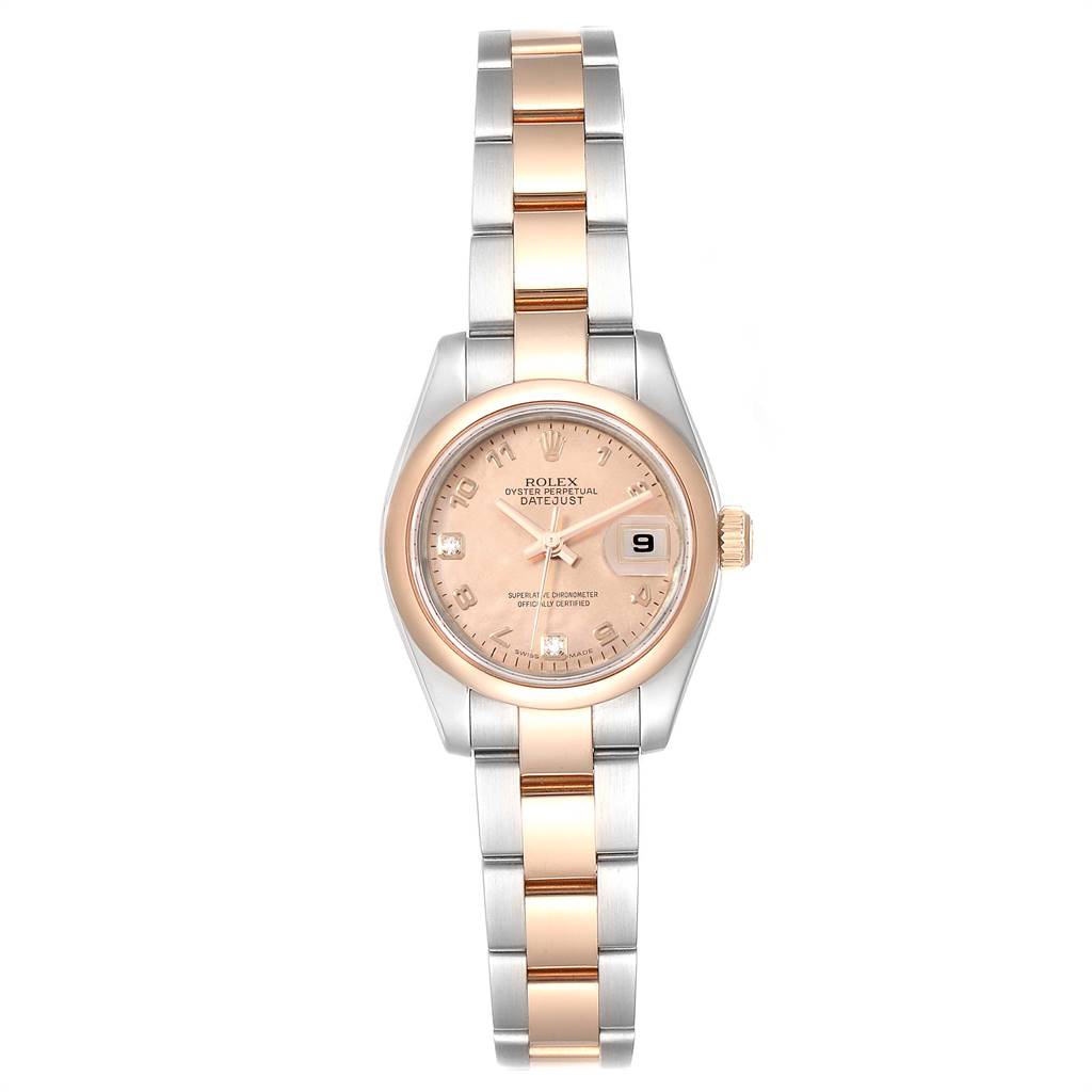 The image shows a Rolex Datejust 179161 Women's Steel and Gold (two tone) Pink Dial 179161 Women's Steel and Gold (two tone) Pink Dial watch from a front angle, highlighting its dial, bezel, and two-tone bracelet.