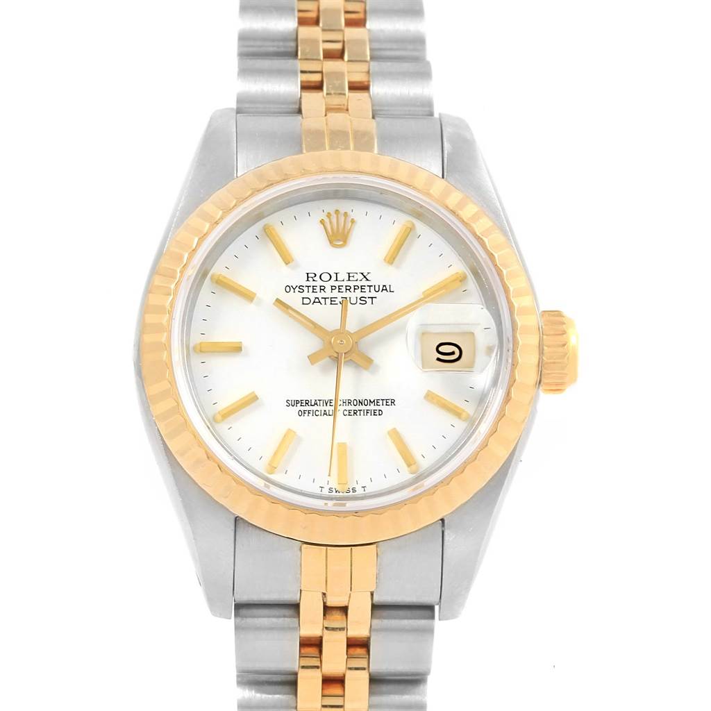 The image shows a Rolex Datejust 69173 Women's Stainless Steel White Dial 69173 Women's Stainless Steel White Dial watch from a front angle, featuring its dial, bezel, and part of its two-tone bracelet.