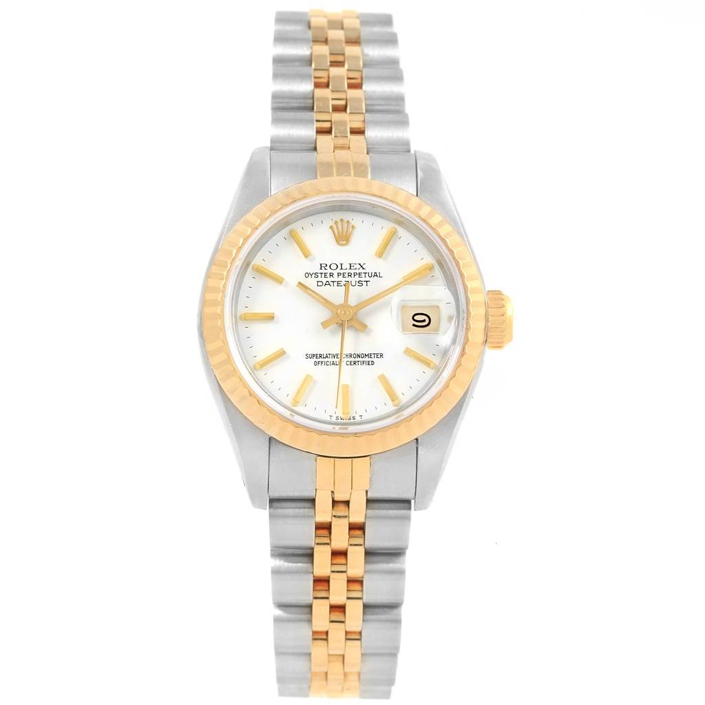 This image shows a frontal view of a Rolex Datejust 69173 Women's Stainless Steel White Dial 69173 Women's Stainless Steel White Dial watch, highlighting its face, bezel, and two-tone bracelet.