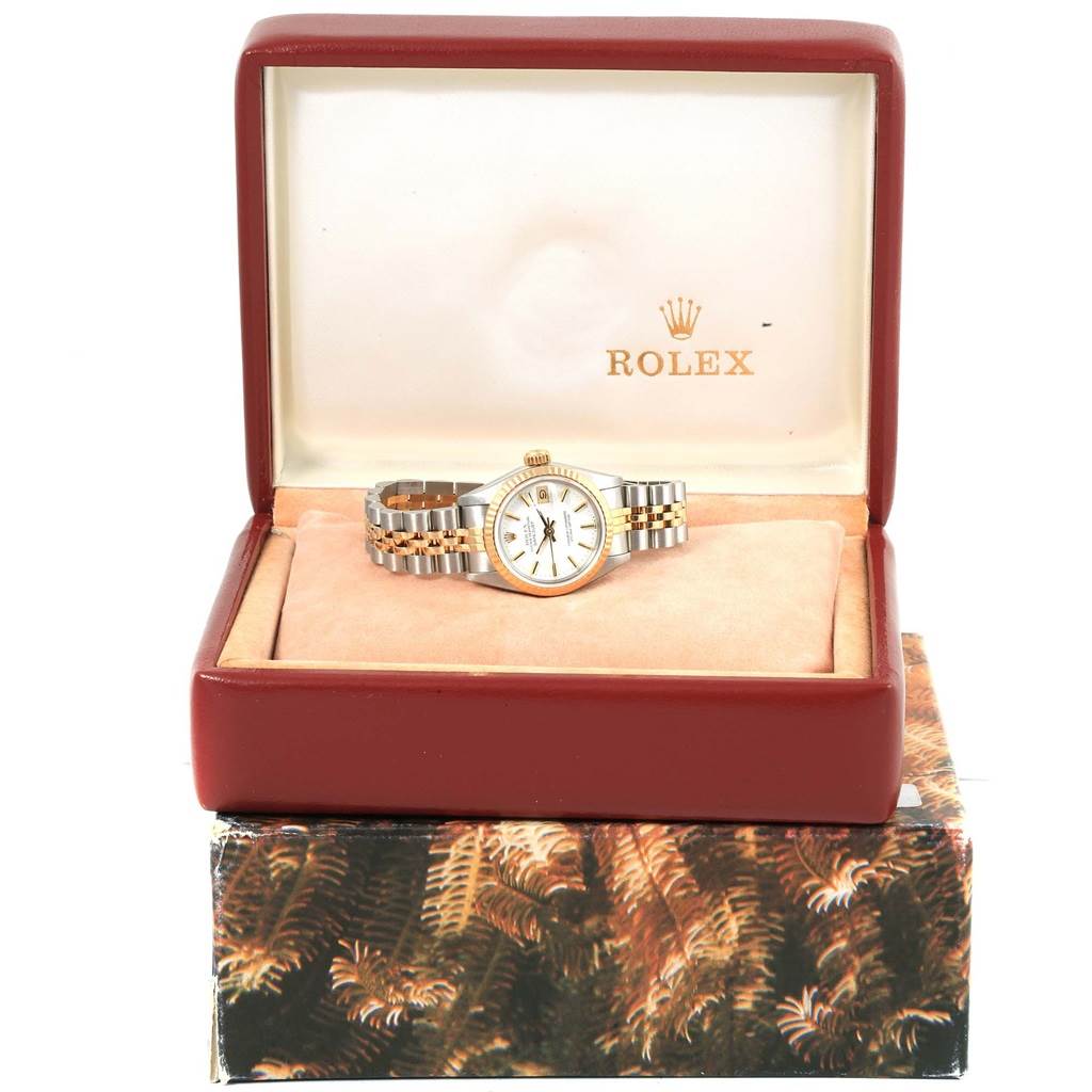 The image shows a Rolex Datejust 69173 Women's Stainless Steel White Dial 69173 Women's Stainless Steel White Dial watch in an open box, viewed from the front.