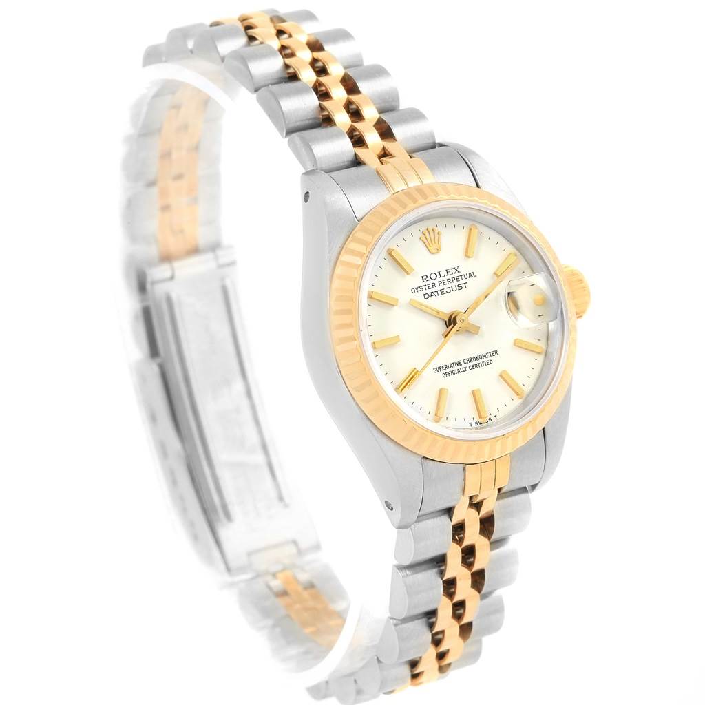 This image shows a Rolex Datejust 69173 Women's Stainless Steel White Dial 69173 Women's Stainless Steel White Dial watch at an angled side view, highlighting its two-tone bracelet, bezel, and dial.