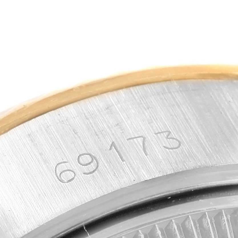 This image shows a close-up of the model number "69173" engraved on the case back of a Rolex Datejust 69173 Women's Stainless Steel White Dial 69173 Women's Stainless Steel White Dial watch.