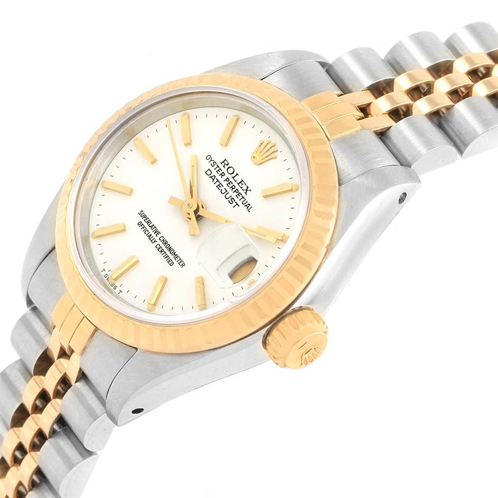 The Rolex Datejust 69173 Women's Stainless Steel White Dial 69173 Women's Stainless Steel White Dial watch is shown from an angled side view, displaying the face, crown, and part of the bracelet.
