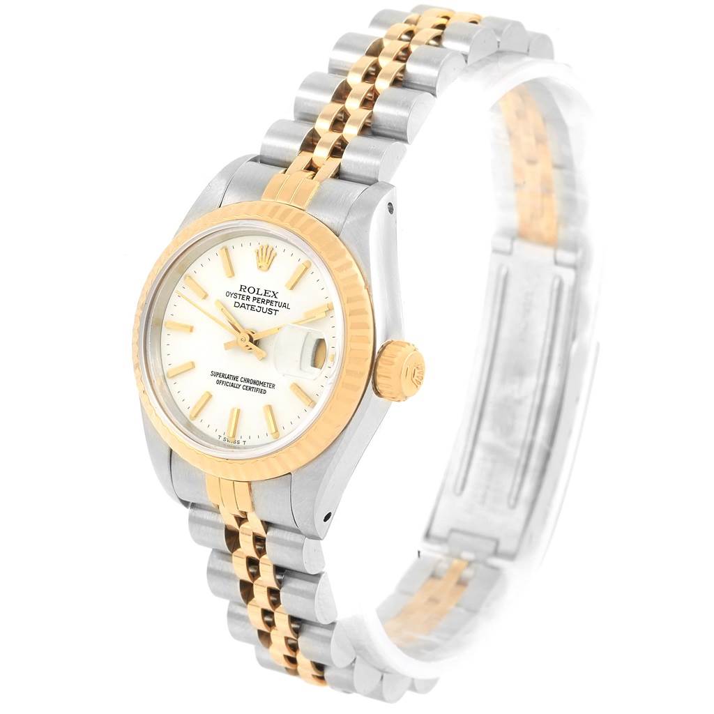 This Rolex Datejust 69173 Women's Stainless Steel White Dial 69173 Women's Stainless Steel White Dial watch is shown at an angle featuring the dial, crown, and a two-tone Jubilee bracelet.