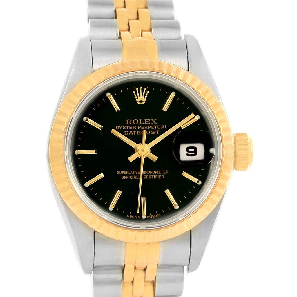 This image shows a front view of a Rolex Datejust 79173 Women's Steel and Gold (two tone) Black Dial 79173 Women's Steel and Gold (two tone) Black Dial, highlighting its black dial, gold bezel, and two-tone bracelet.