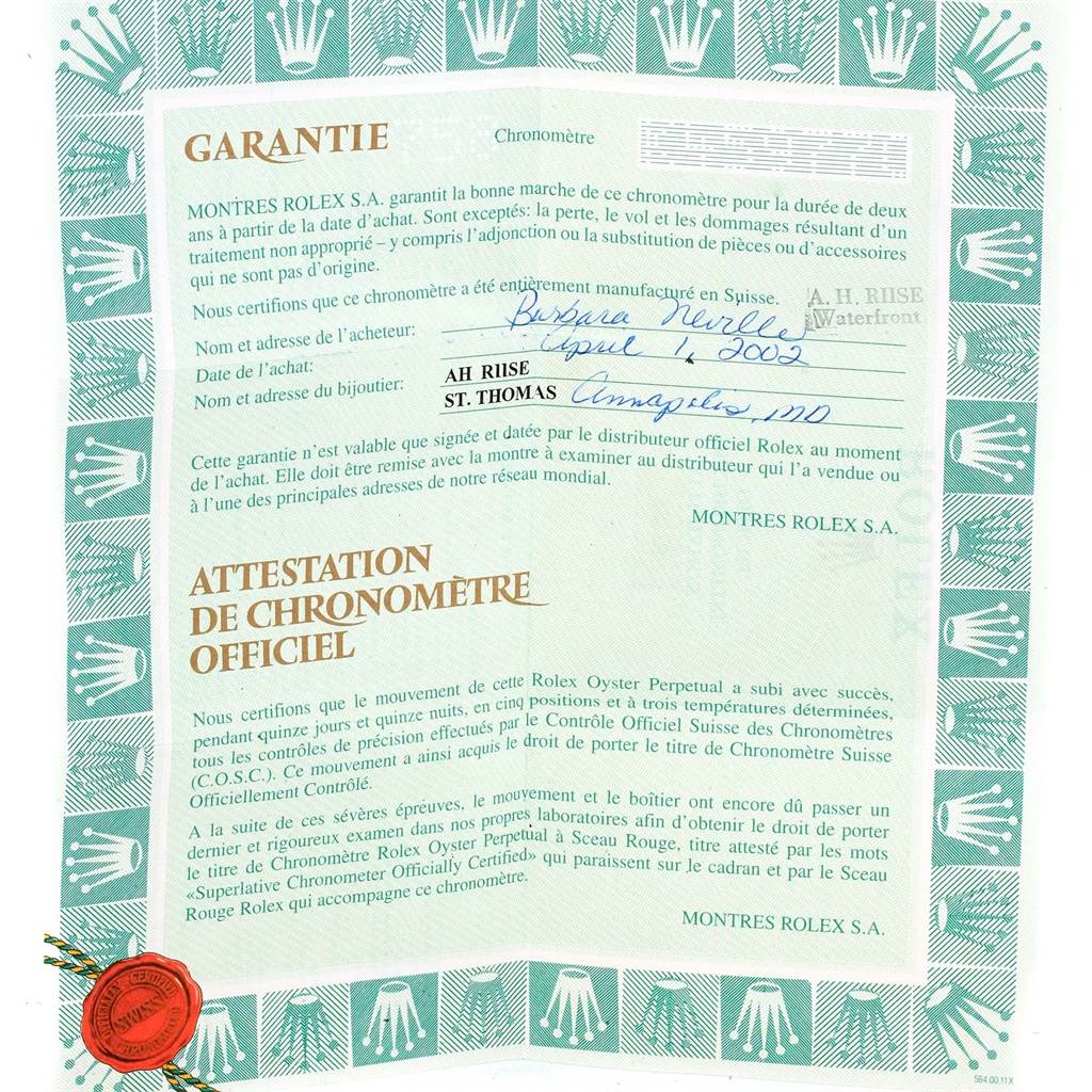 The image shows a warranty and certificate document for the Rolex Datejust 79173 Women's Steel and Gold (two tone) Black Dial 79173 Women's Steel and Gold (two tone) Black Dial model.