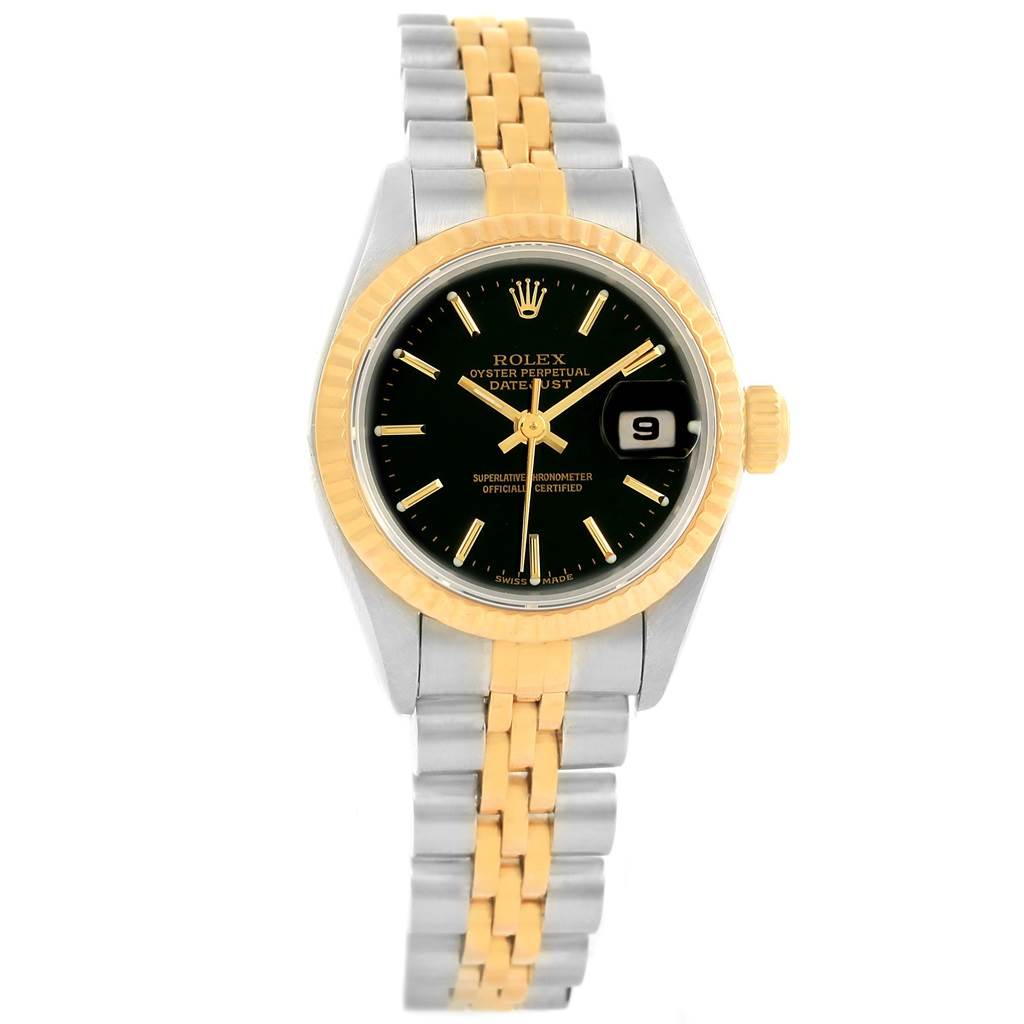 This image shows a frontal view of a Rolex Datejust 79173 Women's Steel and Gold (two tone) Black Dial 79173 Women's Steel and Gold (two tone) Black Dial watch, highlighting the face, bezel, and two-tone bracelet.